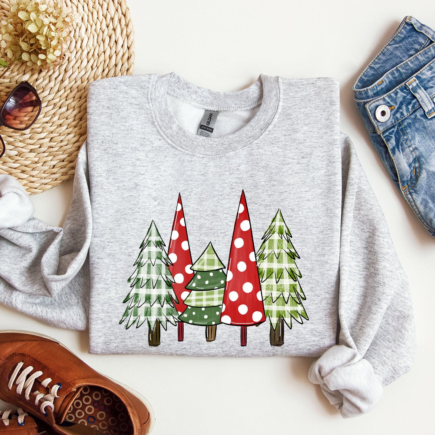 Retro Christmas Trees, Winter, Snow, Santa Sweatshirt