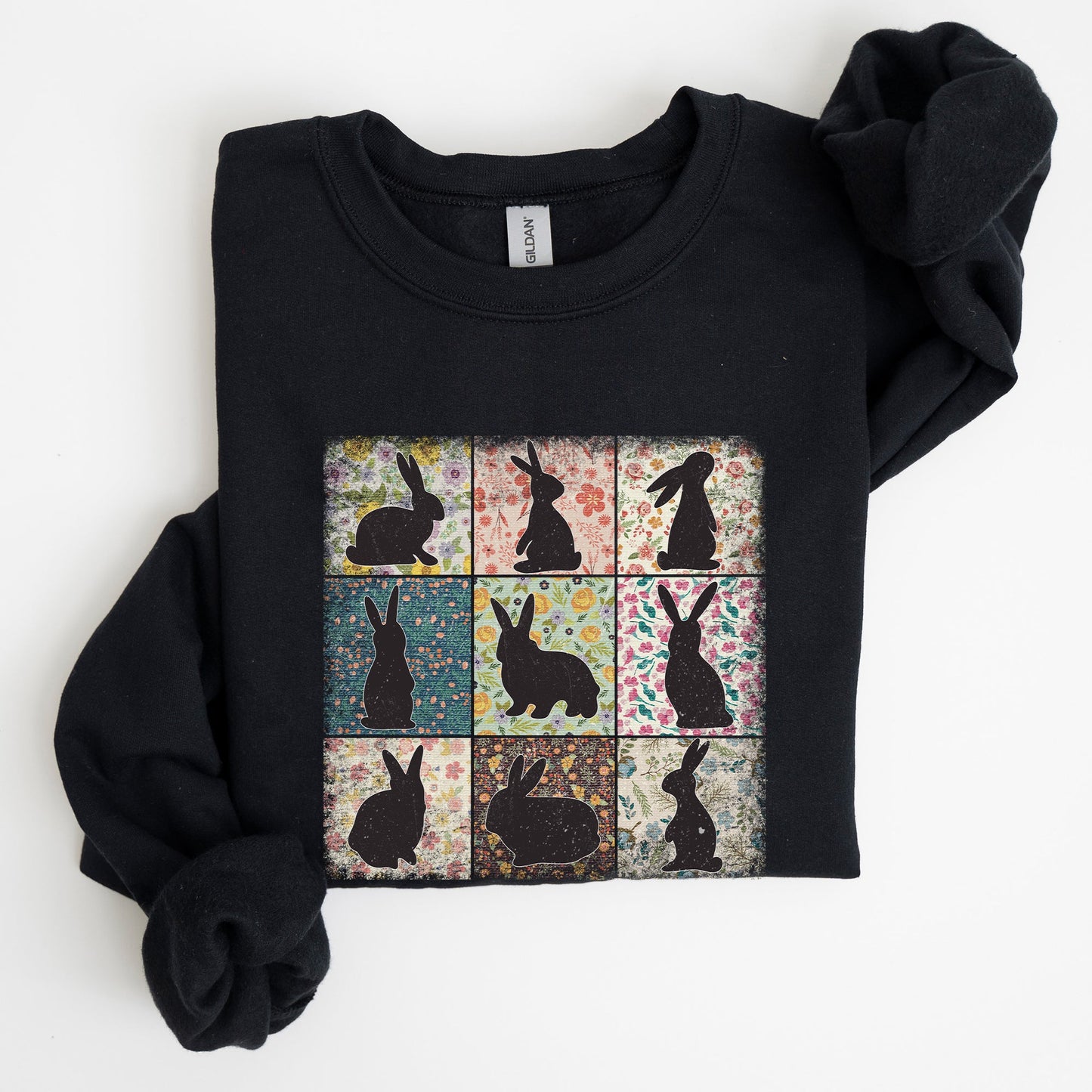 Retro Floral Print, Easter Bunnies, Quilt Sweatshirt