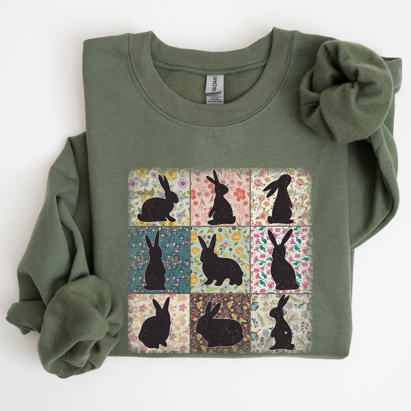 Retro Floral Print, Easter Bunnies, Quilt Sweatshirt