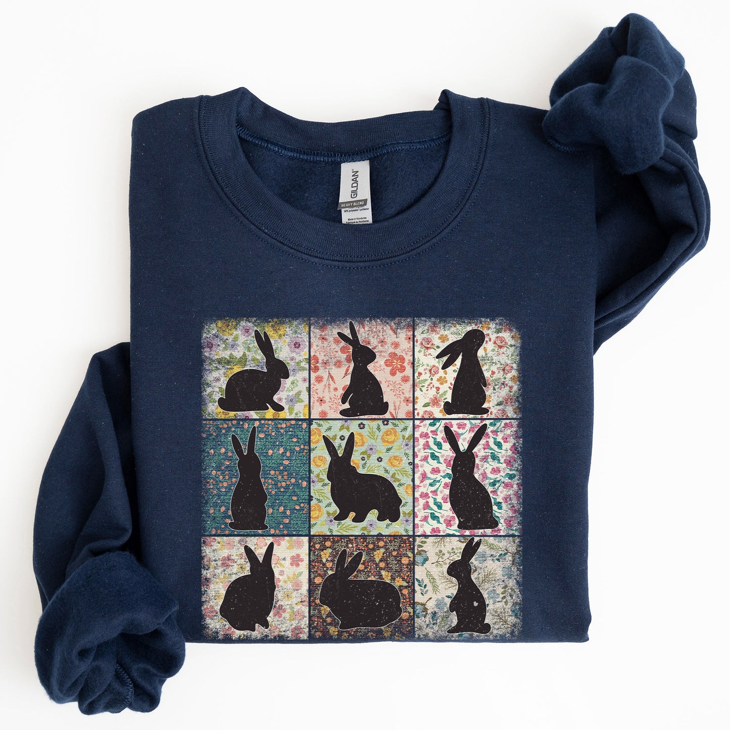 Retro Floral Print, Easter Bunnies, Quilt Sweatshirt