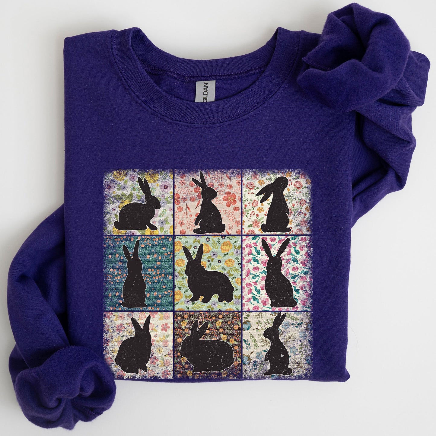 Retro Floral Print, Easter Bunnies, Quilt Sweatshirt