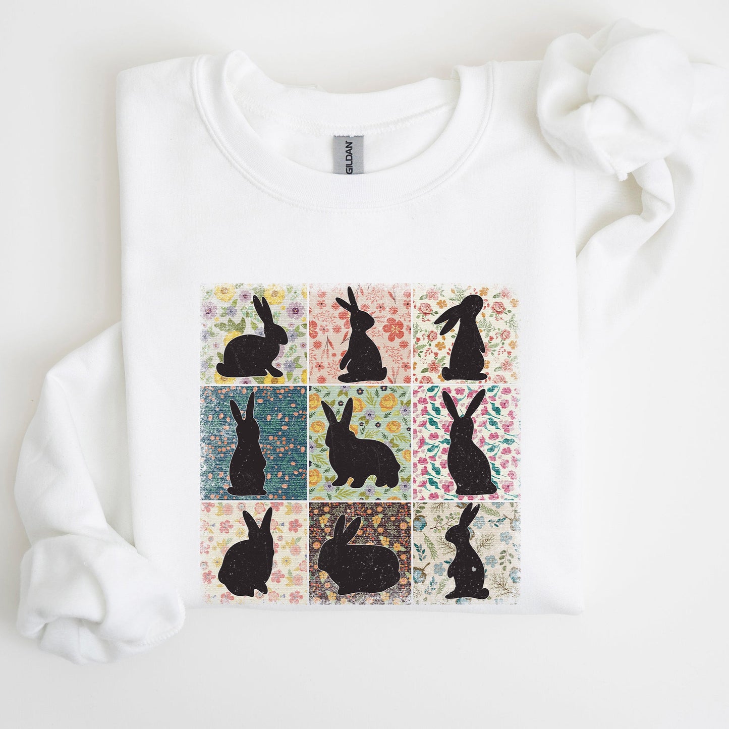 Retro Floral Print, Easter Bunnies, Quilt Sweatshirt