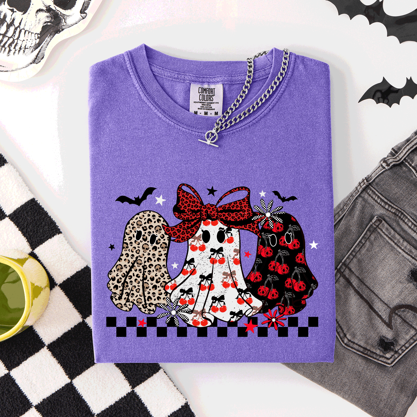 Retro Halloween Ghosts, Checkered, Pattern, Comfort Colors T-Shirt