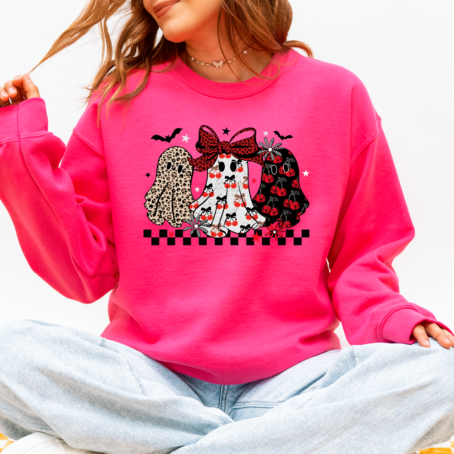 Retro Halloween Ghosts, Checkered, Pattern Sweatshirt
