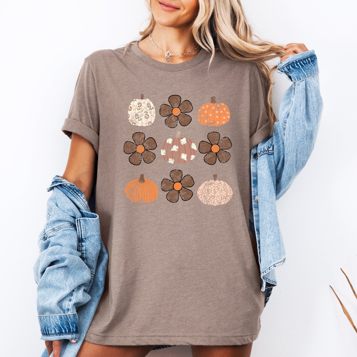 Retro Halloween, Flowers, Pumpkins, Patterned, Autumn, Fall, Tshirt
