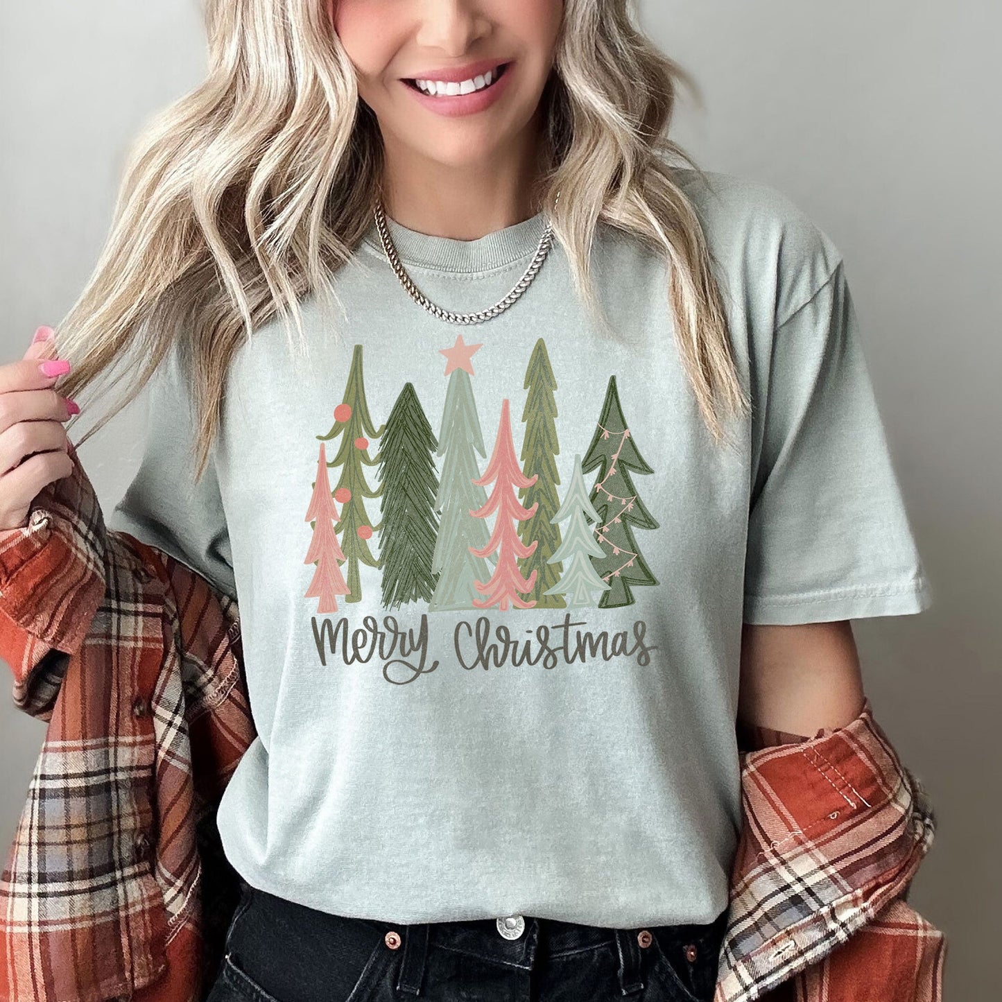 Retro Merry Christmas Trees, Pastels, Star, Comfort Colors Tshirt
