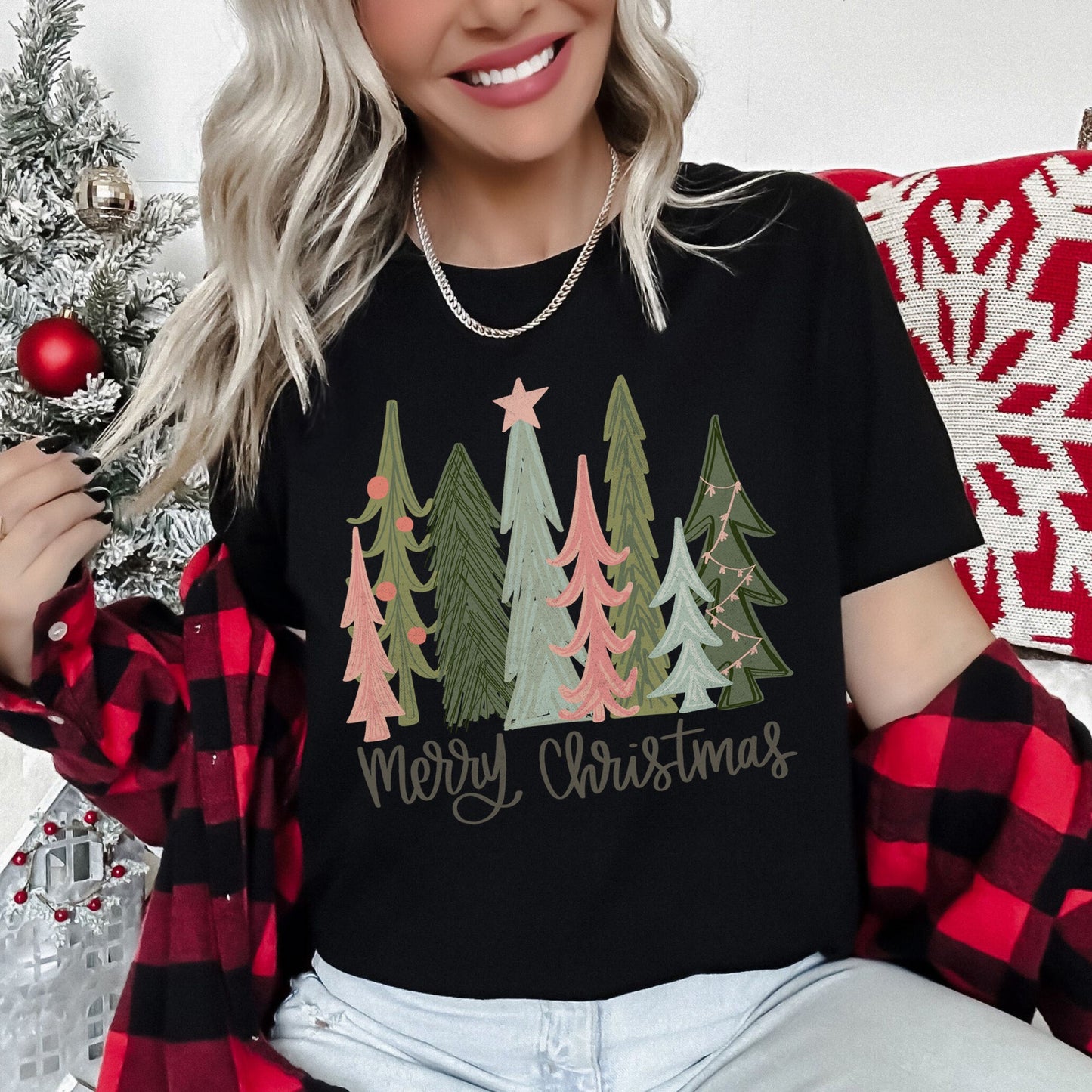 Retro Merry Christmas Trees, Pastels, Star Super Soft Tshirt