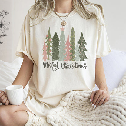 Retro Merry Christmas Trees, Pastels, Star, Comfort Colors Tshirt