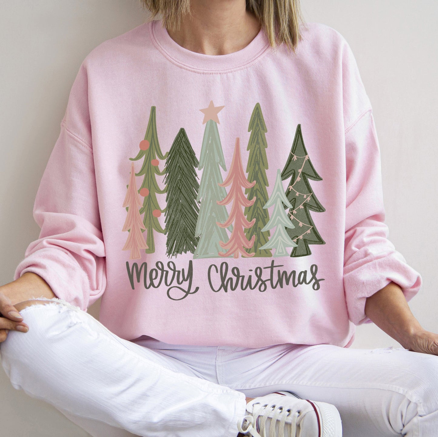 Retro Merry Christmas Trees, Pastel Christmas Sweatshirt