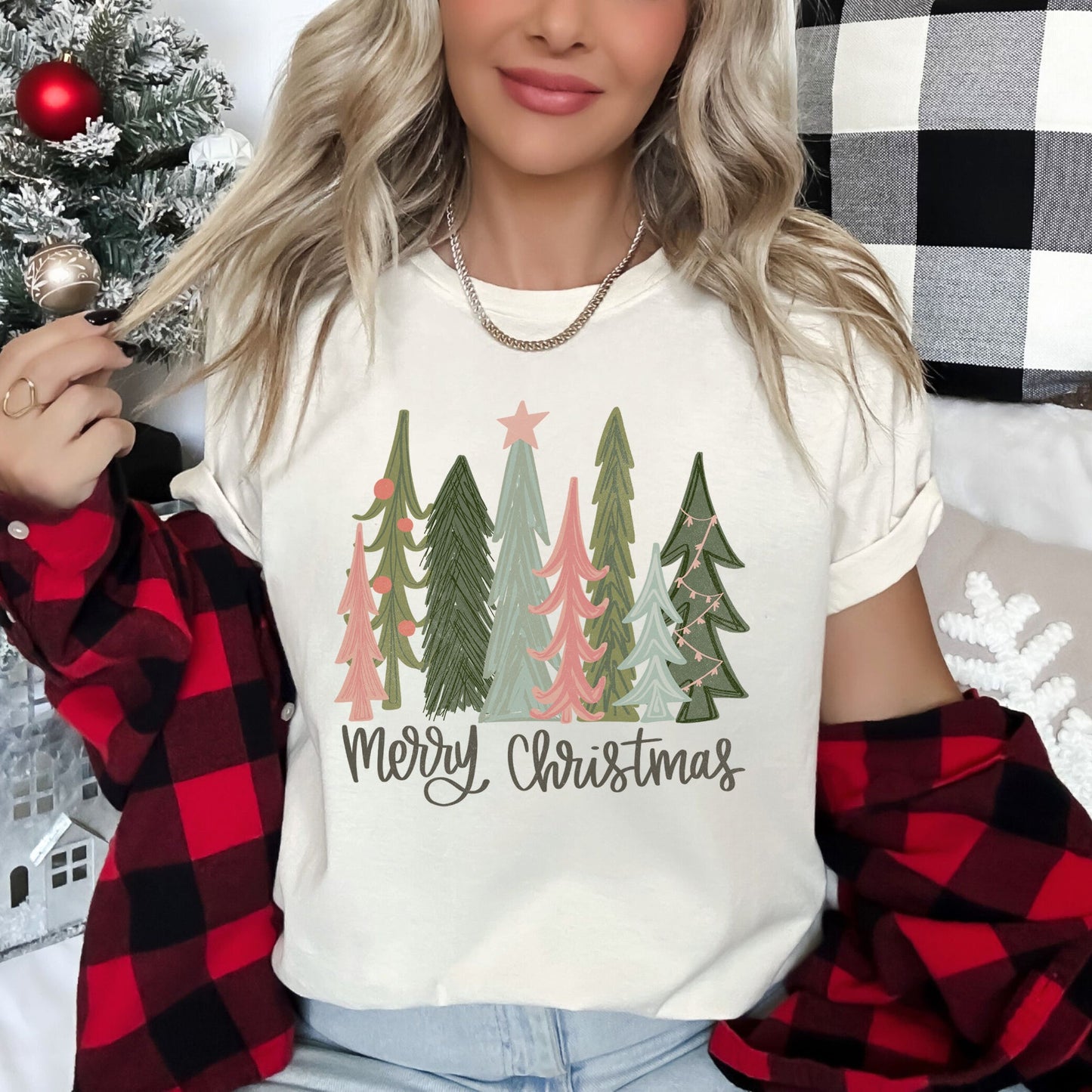 Retro Merry Christmas Trees, Pastels, Star Super Soft Tshirt