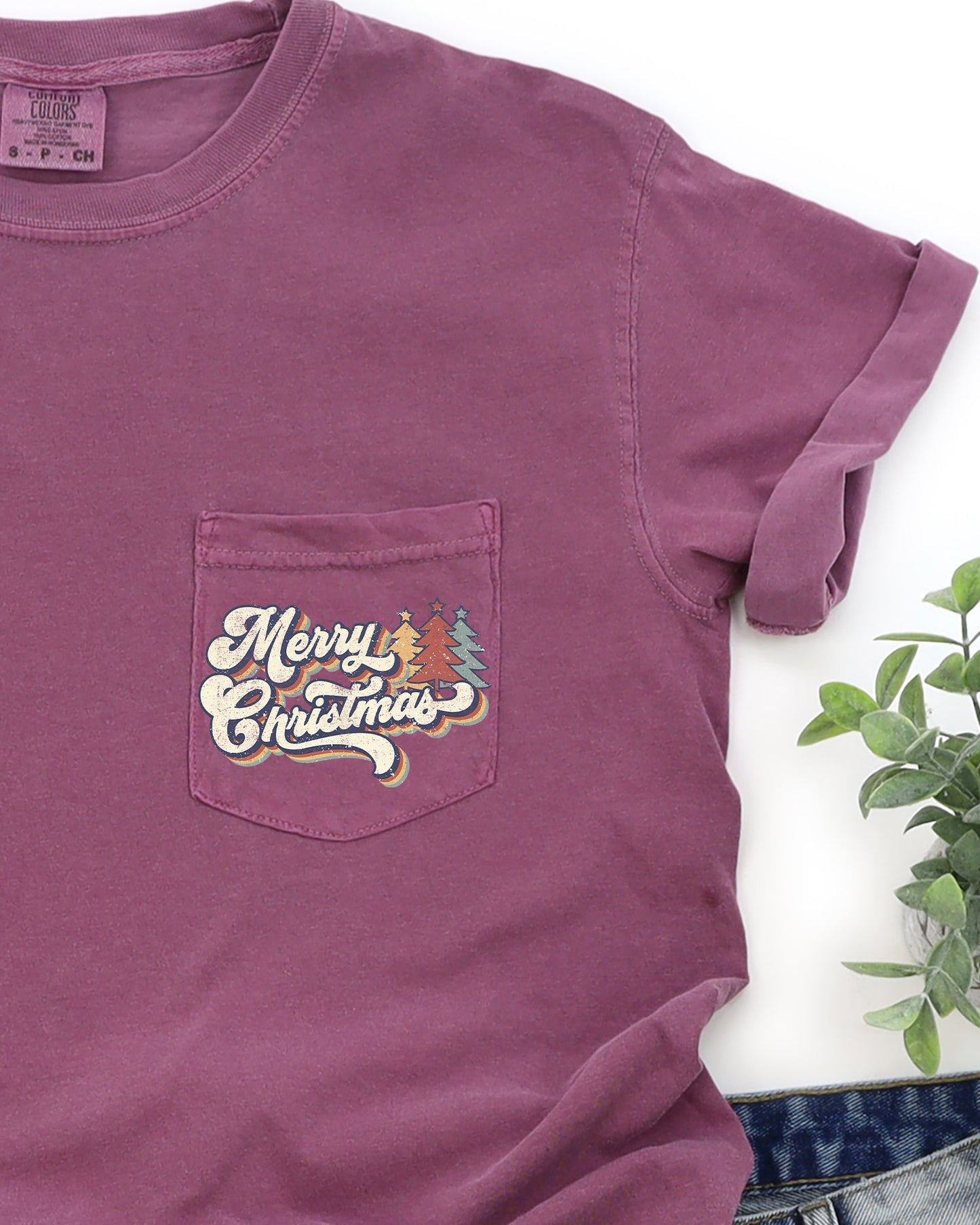Retro Merry Christmas, Pocket, Santa, Snow, Winter, Xmas Pocket Tee Comfort Colors T-Shirt