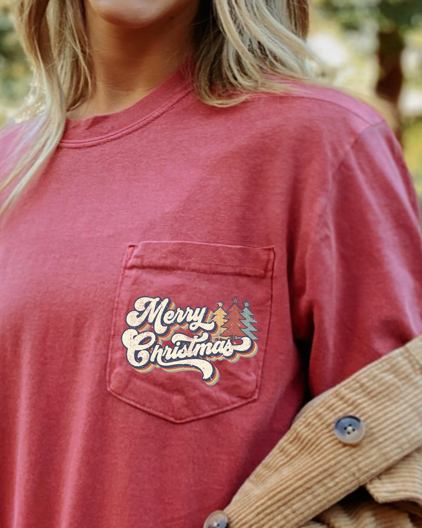 Retro Merry Christmas, Pocket, Santa, Snow, Winter, Xmas Pocket Tee Comfort Colors T-Shirt