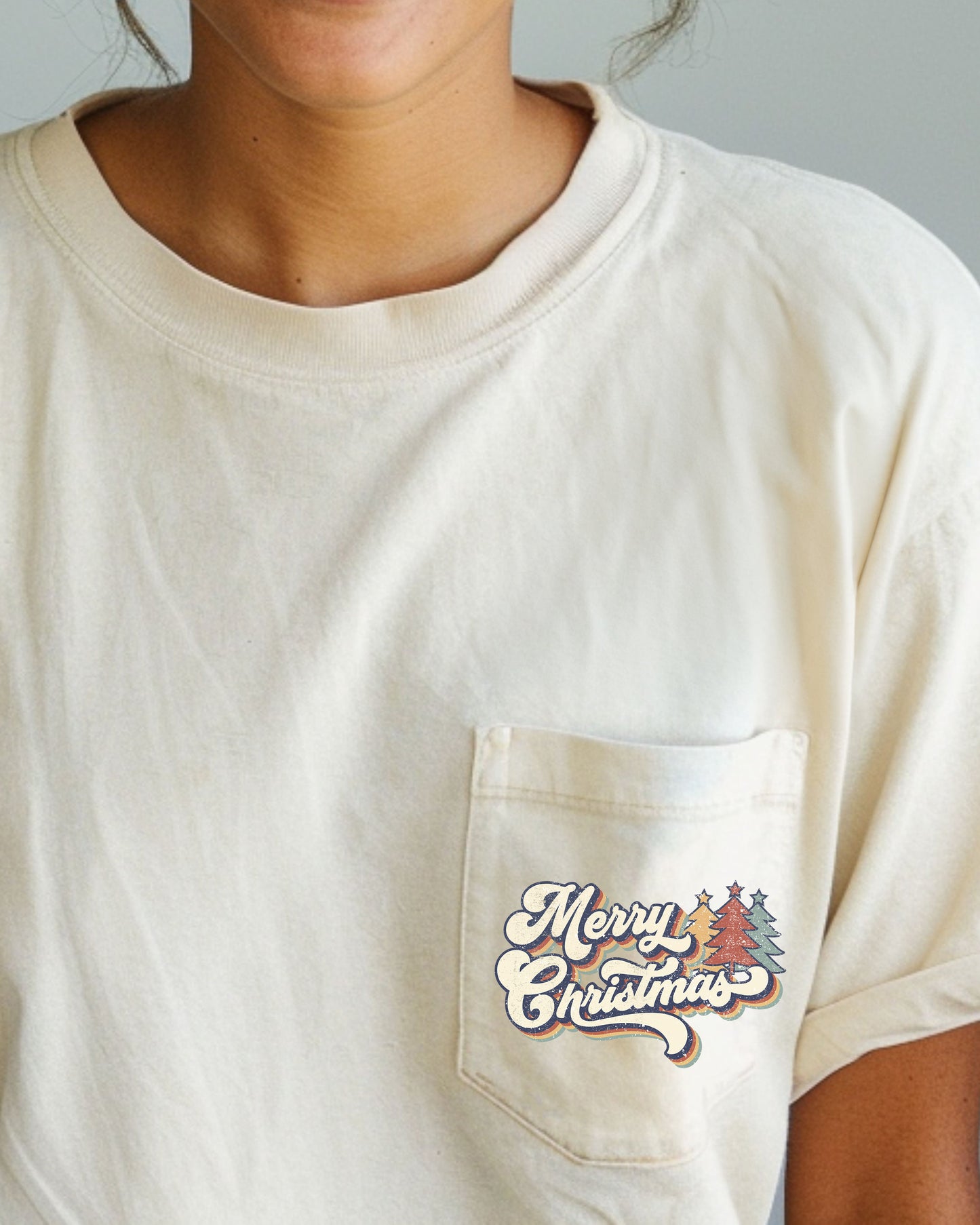 Retro Merry Christmas, Pocket, Santa, Snow, Winter, Xmas Pocket Tee Comfort Colors T-Shirt