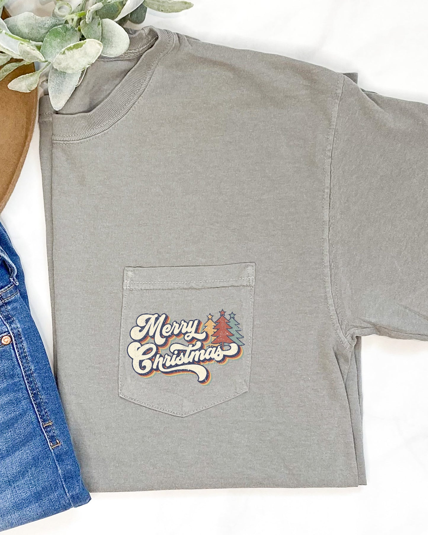 Retro Merry Christmas, Pocket, Santa, Snow, Winter, Xmas Pocket Tee Comfort Colors T-Shirt