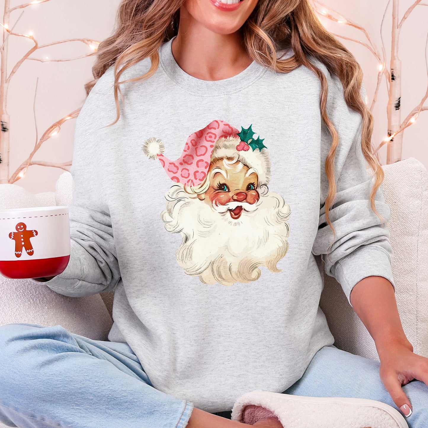Retro Pink Santa, Leopard Cheetah Print, Christmas Sweatshirt
