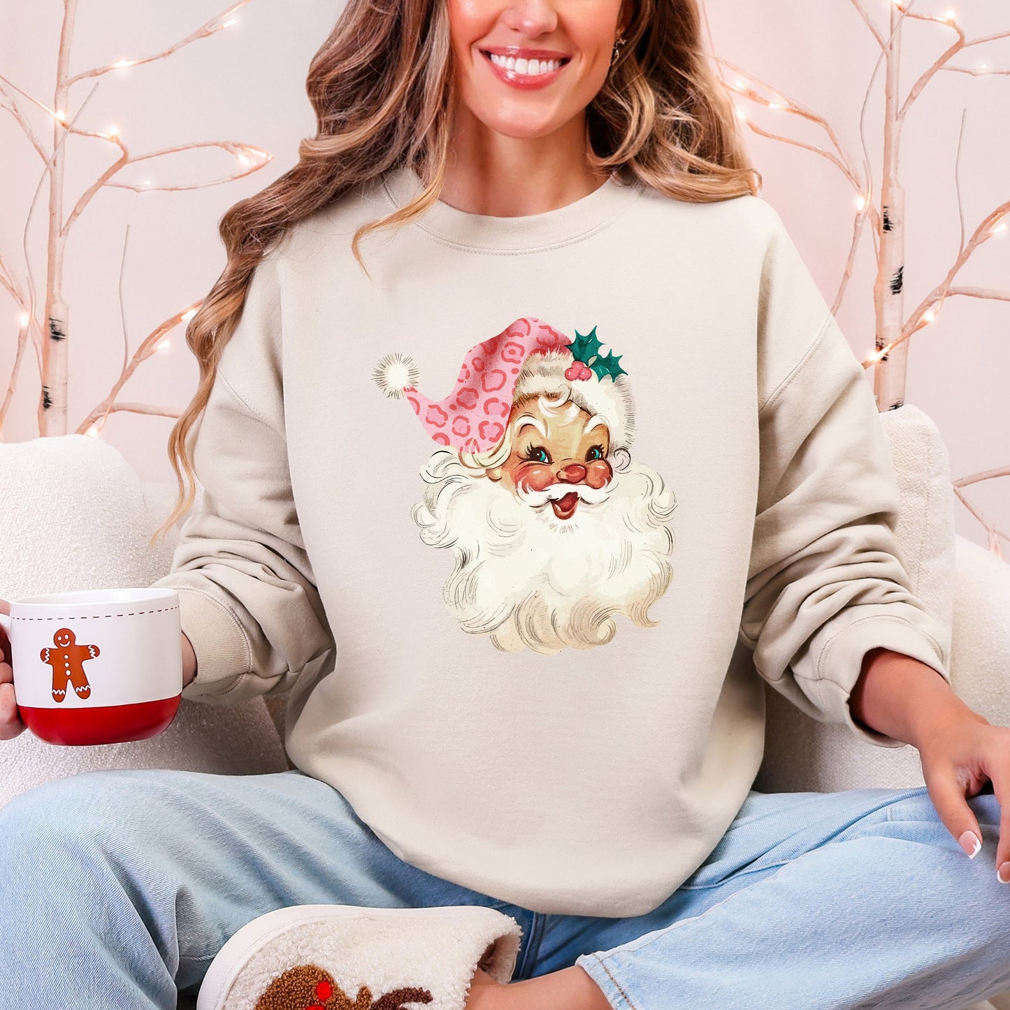 Retro Pink Santa, Leopard Cheetah Print, Christmas Sweatshirt