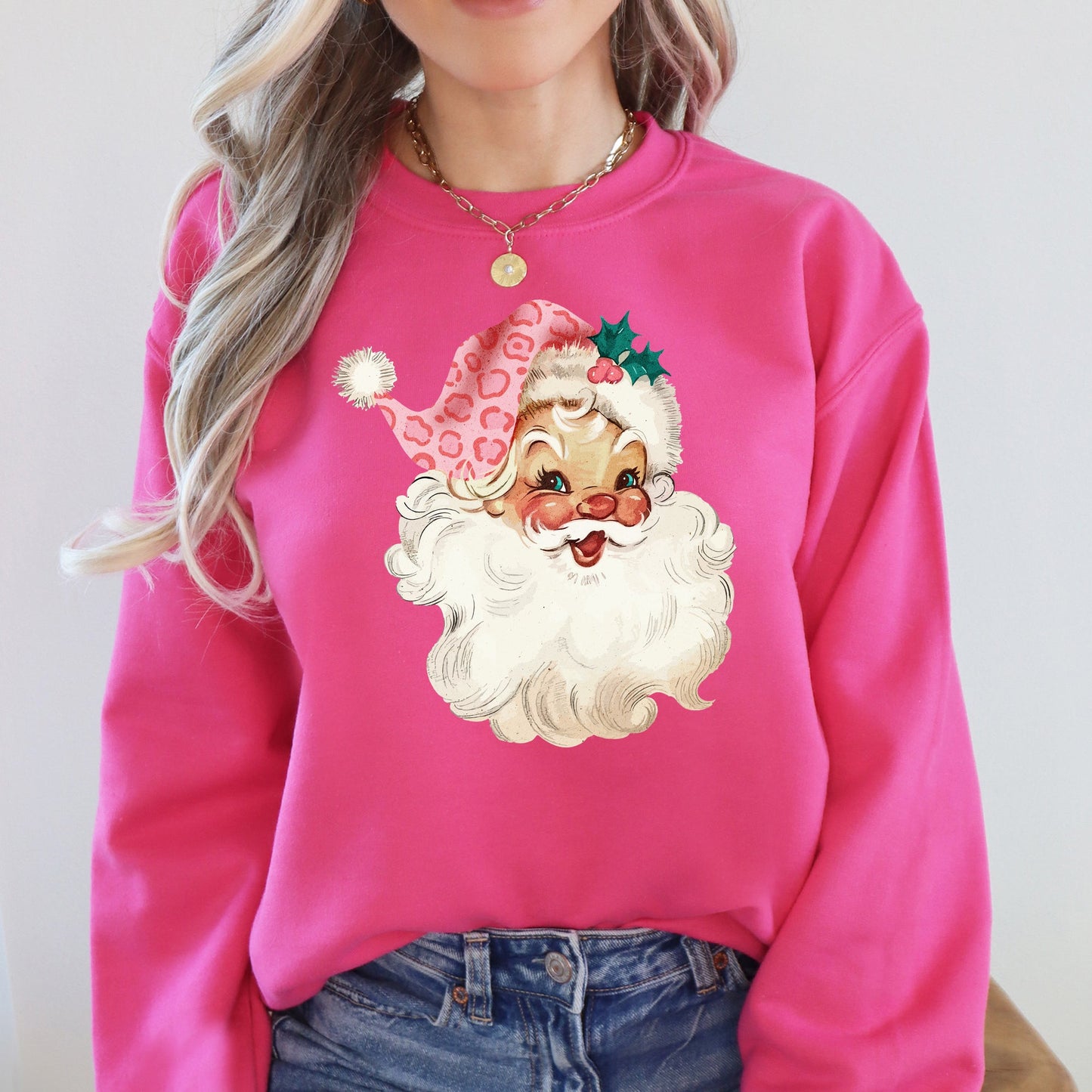 Retro Pink Santa, Leopard Cheetah Print, Christmas Sweatshirt