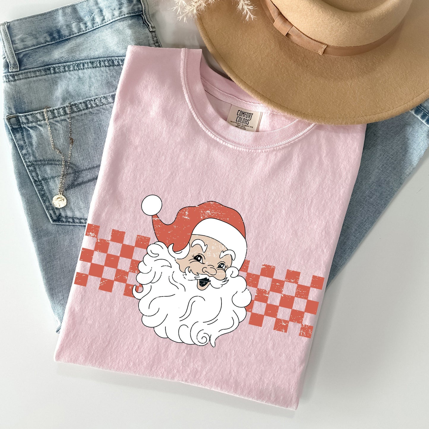 Retro Santa Checkered, Red, Christmas, Winter, Snow, Xmas Tshirt Comfort Colors T-Shirt