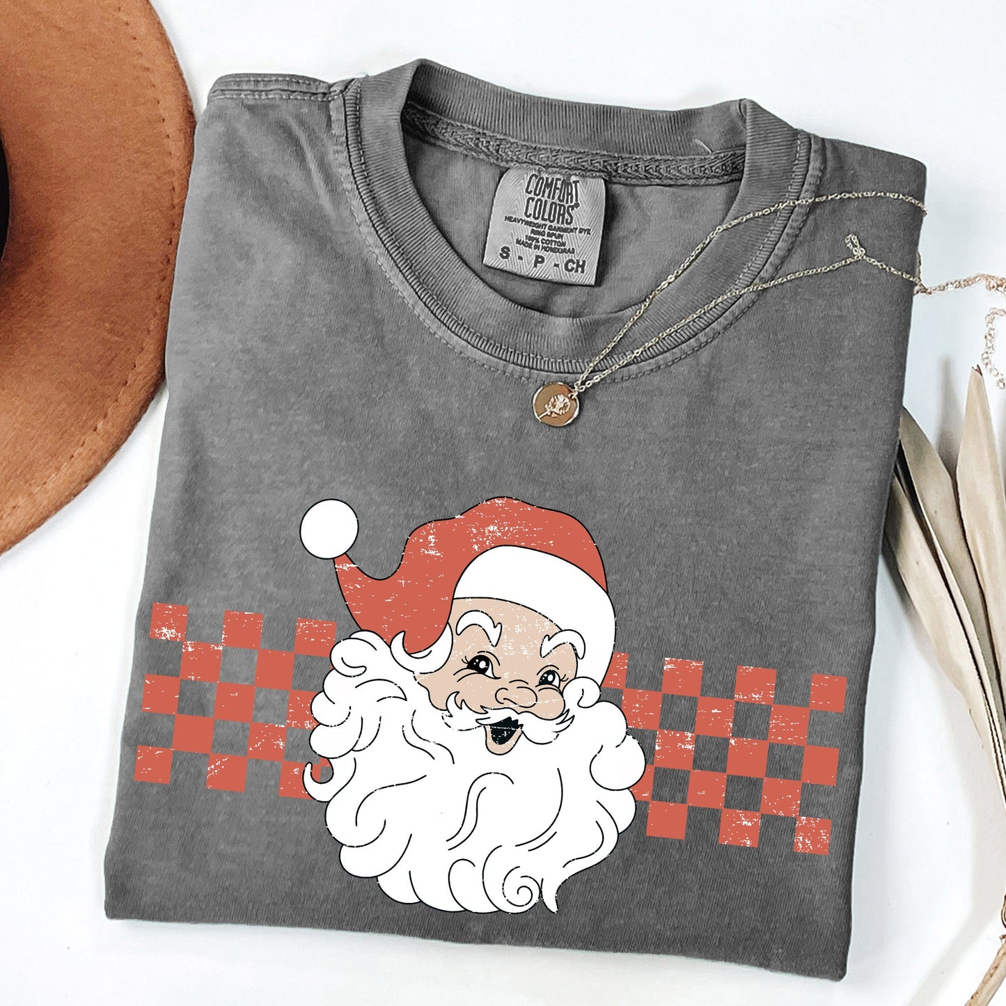 Retro Santa Checkered, Red, Christmas, Winter, Snow, Xmas Tshirt Comfort Colors T-Shirt