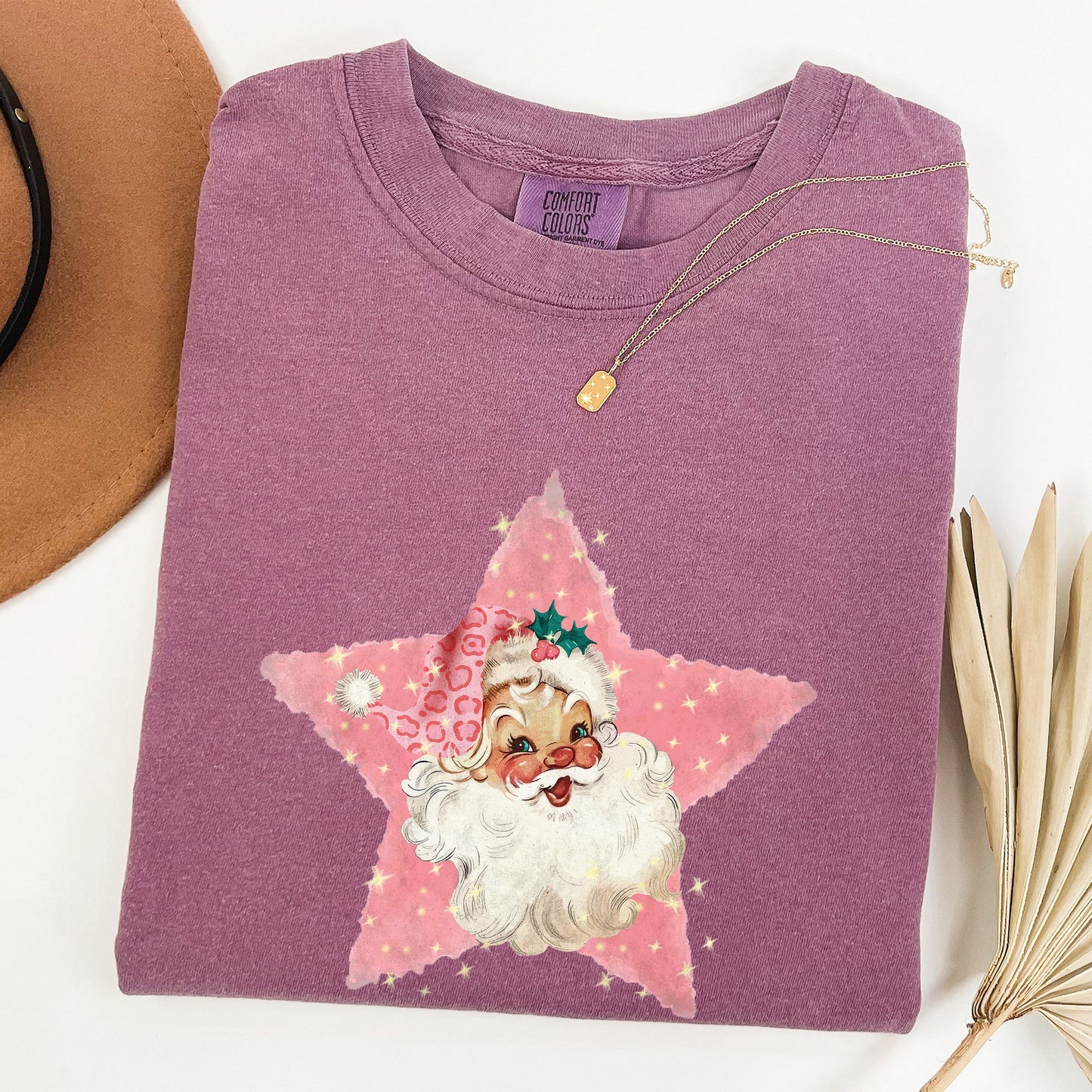 Retro Santa Pink Star, Christmas, Winter, Xmas Tshirt Comfort Colors T-Shirt
