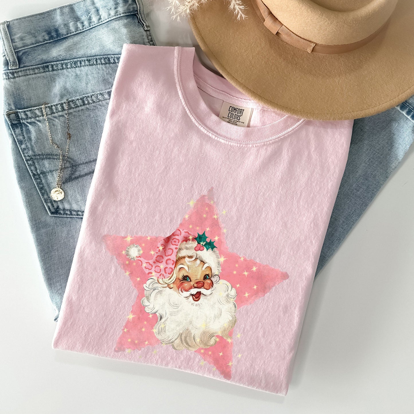 Retro Santa Pink Star, Christmas, Winter, Xmas Tshirt Comfort Colors T-Shirt