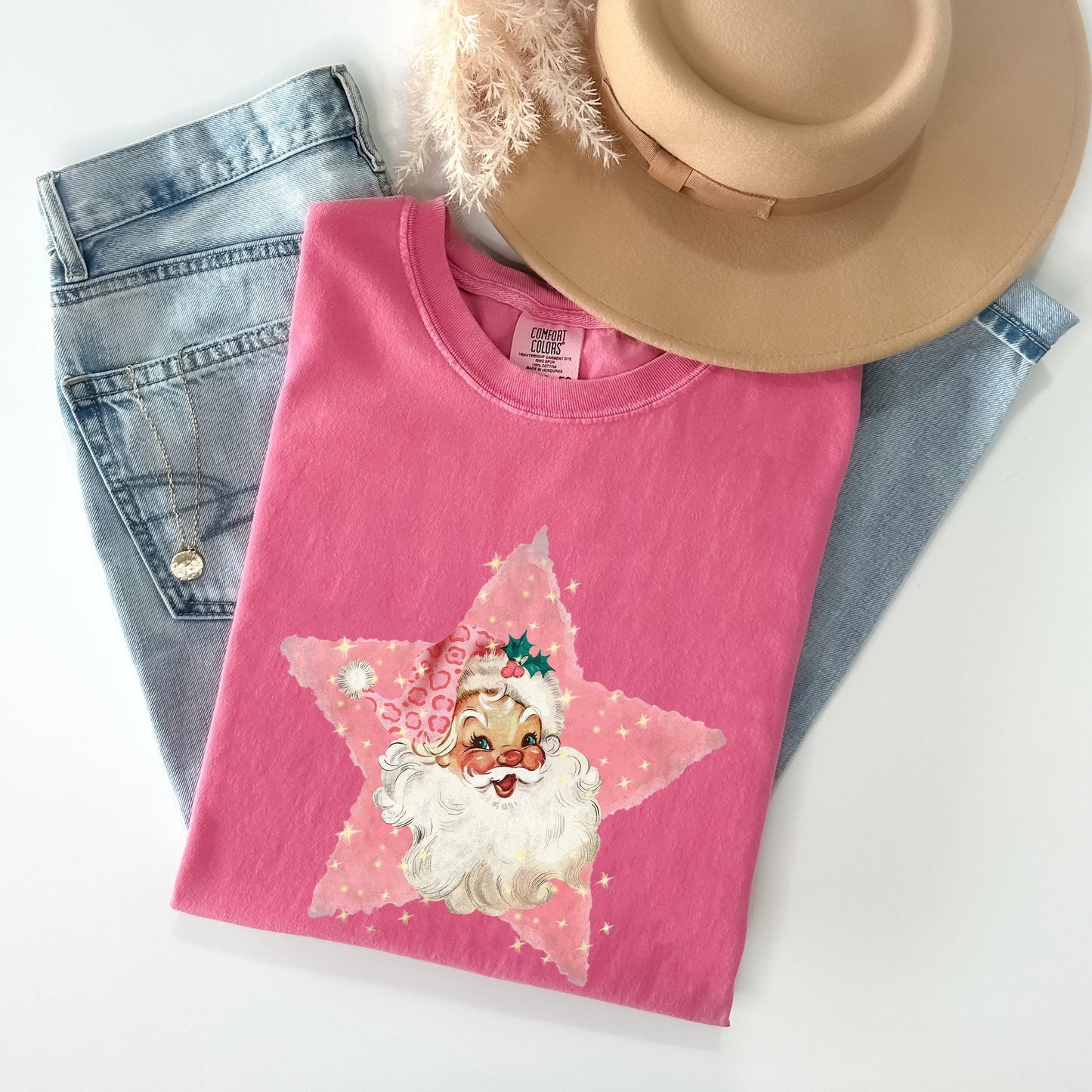 Retro Santa Pink Star, Christmas, Winter, Xmas Tshirt Comfort Colors T-Shirt
