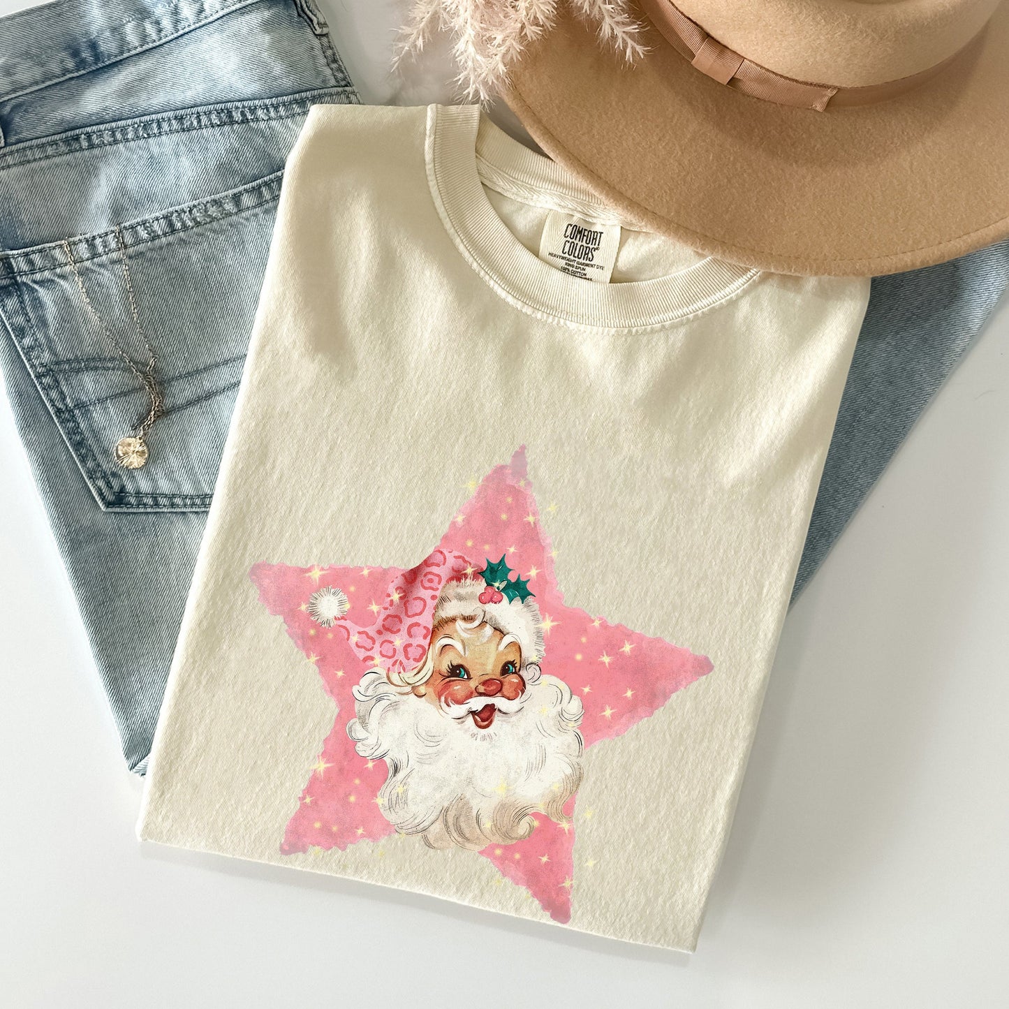 Retro Santa Pink Star, Christmas, Winter, Xmas Tshirt Comfort Colors T-Shirt