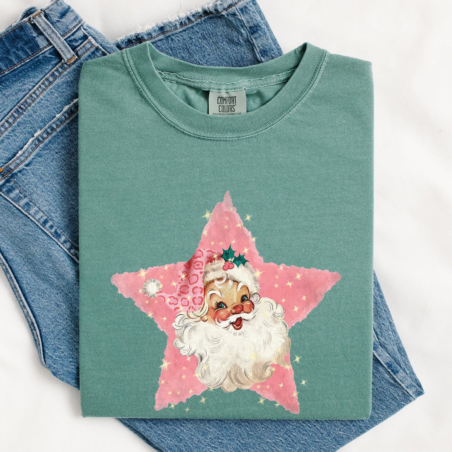 Retro Santa Pink Star, Christmas, Winter, Xmas Tshirt Comfort Colors T-Shirt
