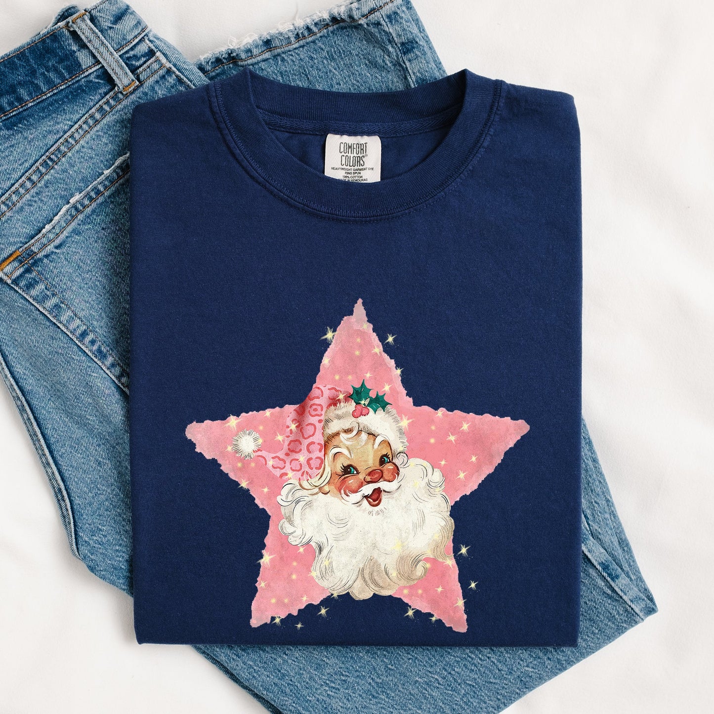 Retro Santa Pink Star, Christmas, Winter, Xmas Tshirt Comfort Colors T-Shirt