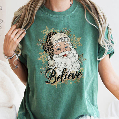 Retro Santa, Believe, Christmas, Leopard Print, Comfort Colors Tshirt