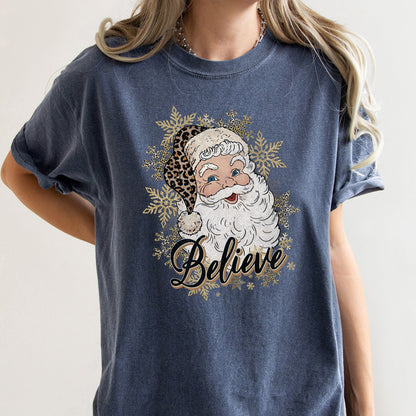 Retro Santa, Believe, Christmas, Leopard Print, Comfort Colors Tshirt