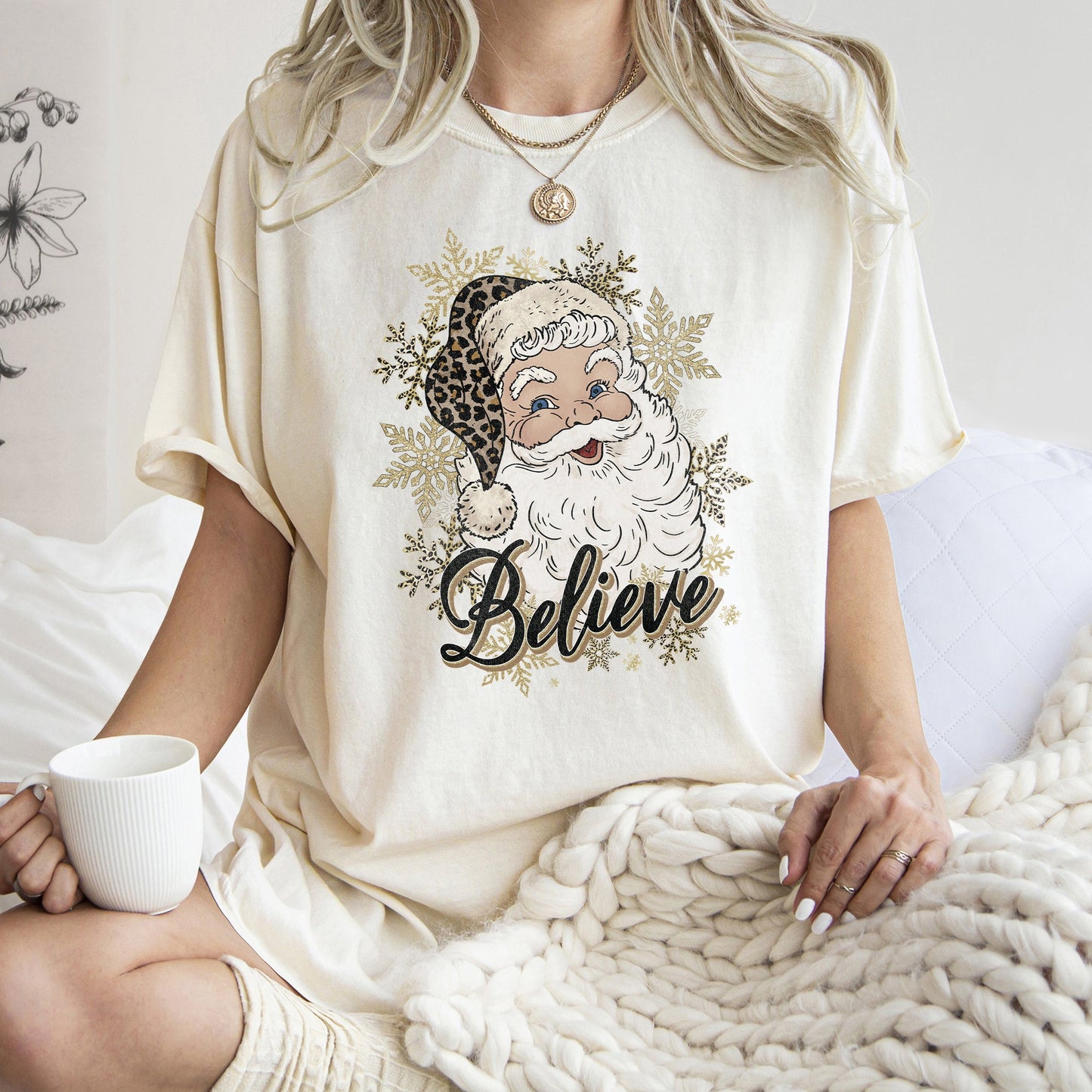 Retro Santa, Believe, Christmas, Leopard Print, Comfort Colors Tshirt