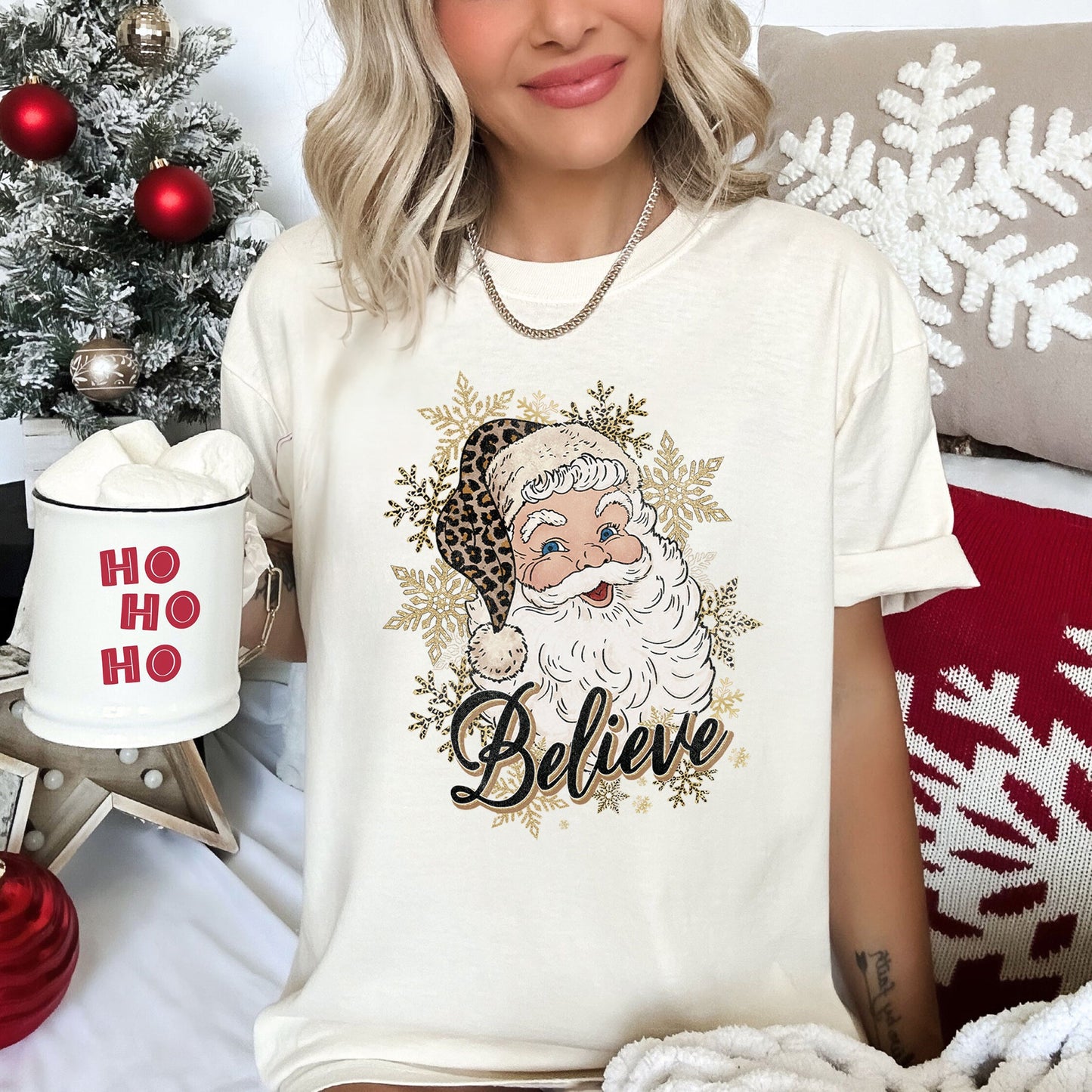 Retro Santa, Believe, Christmas, Leopard Print, Comfort Colors Tshirt