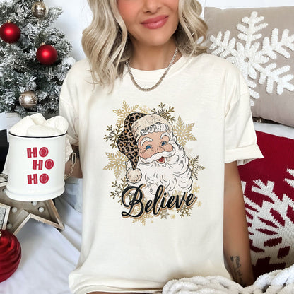 Retro Santa, Believe, Christmas, Leopard Print, Comfort Colors Tshirt