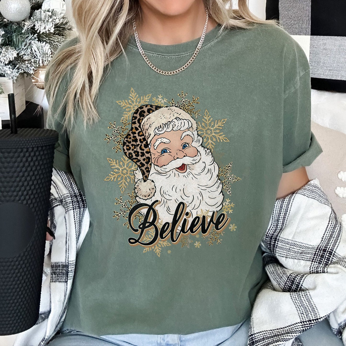 Retro Santa, Believe, Christmas, Leopard Print, Comfort Colors Tshirt