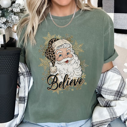 Retro Santa, Believe, Christmas, Leopard Print, Comfort Colors Tshirt