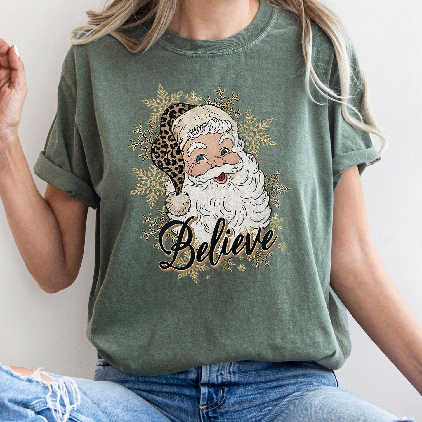 Retro Santa, Believe, Christmas, Leopard Print, Comfort Colors Tshirt