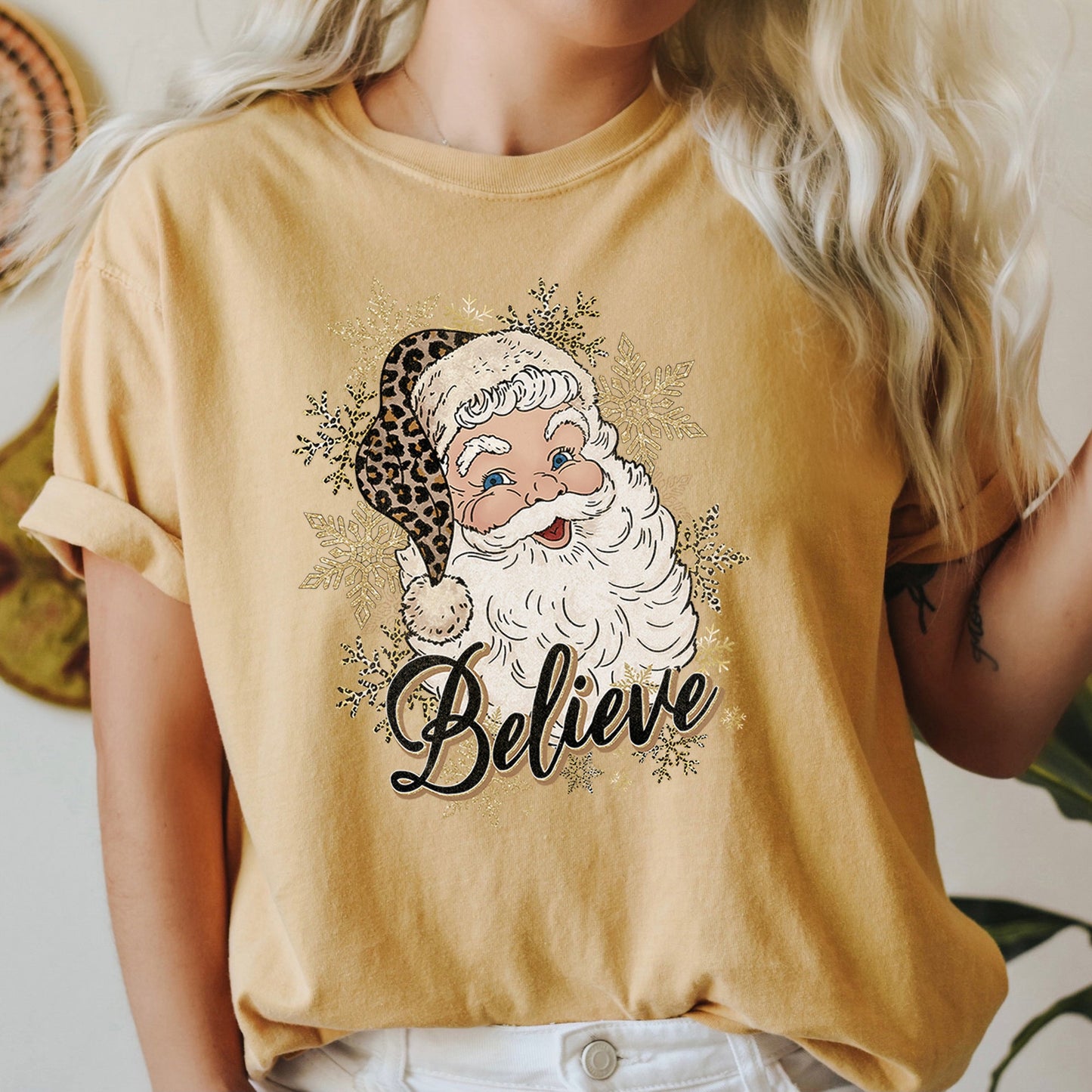 Retro Santa, Believe, Christmas, Leopard Print, Comfort Colors Tshirt