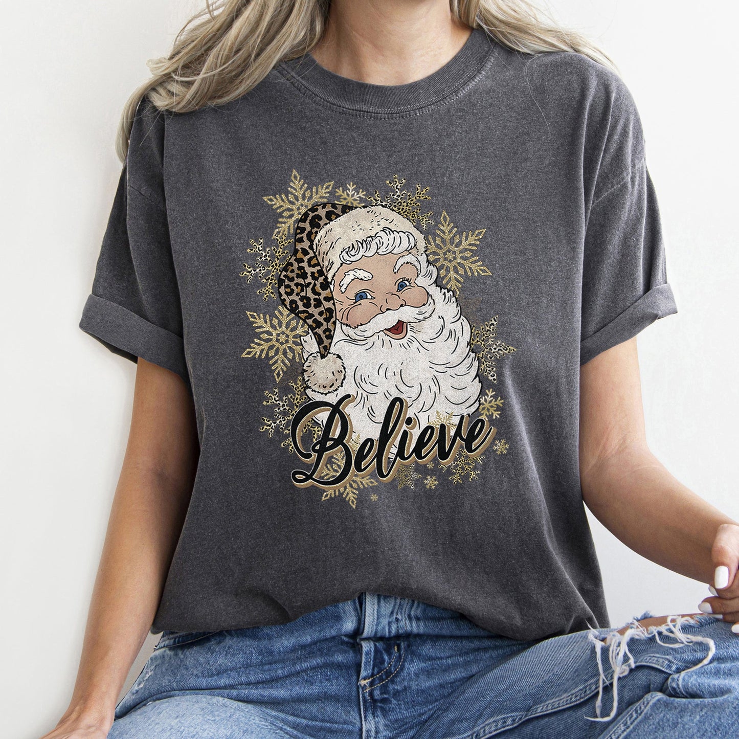 Retro Santa, Believe, Christmas, Leopard Print, Comfort Colors Tshirt