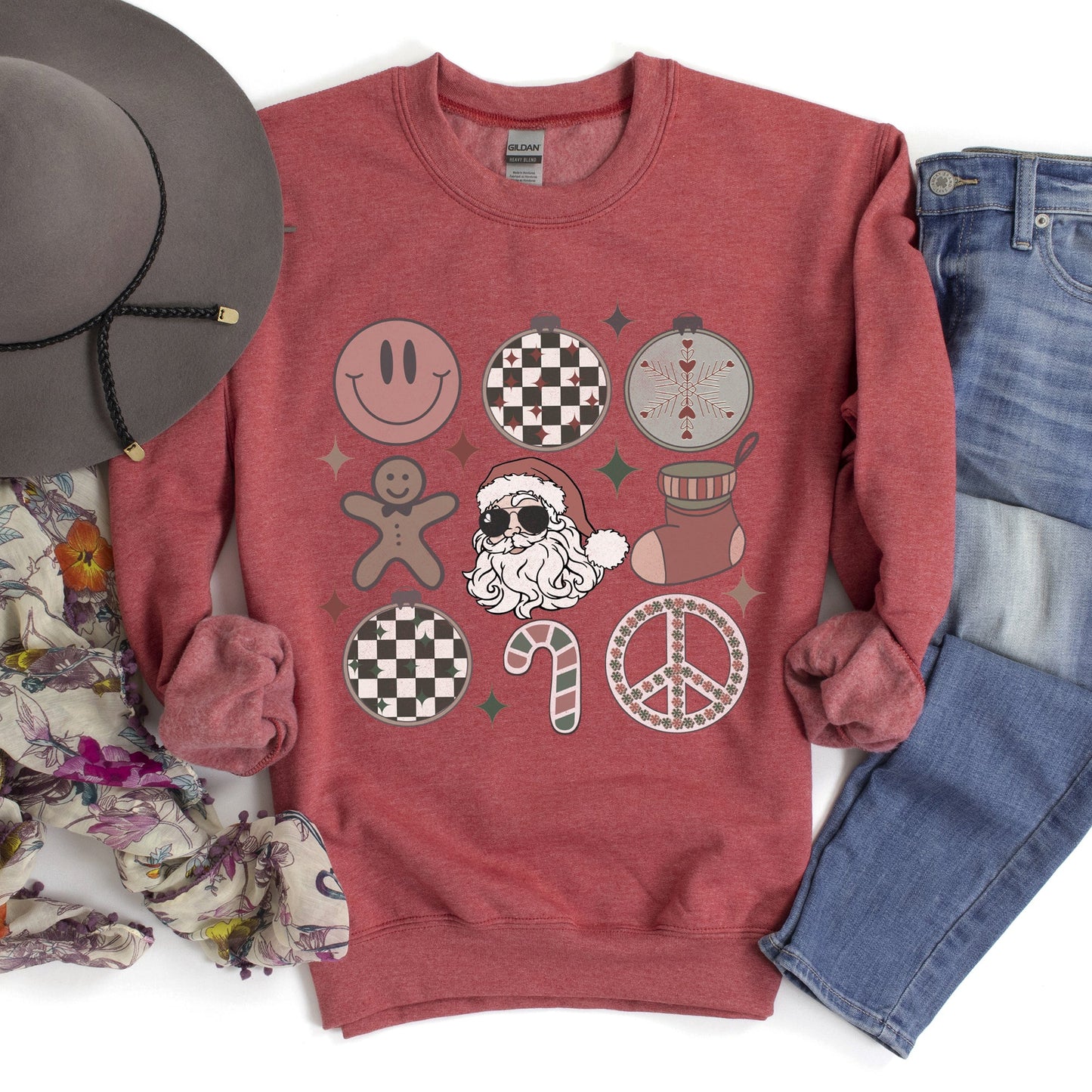 Retro Santa, Christmas, Peace, Snowflake Sweatshirt