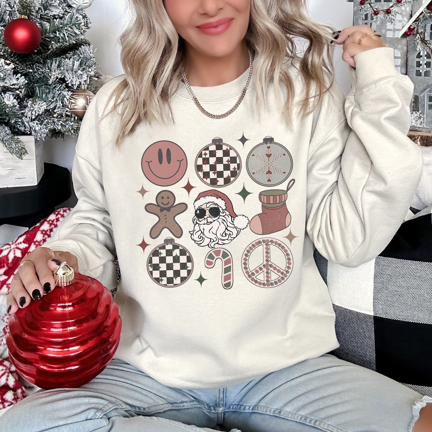 Retro Santa, Christmas, Peace, Snowflake Sweatshirt