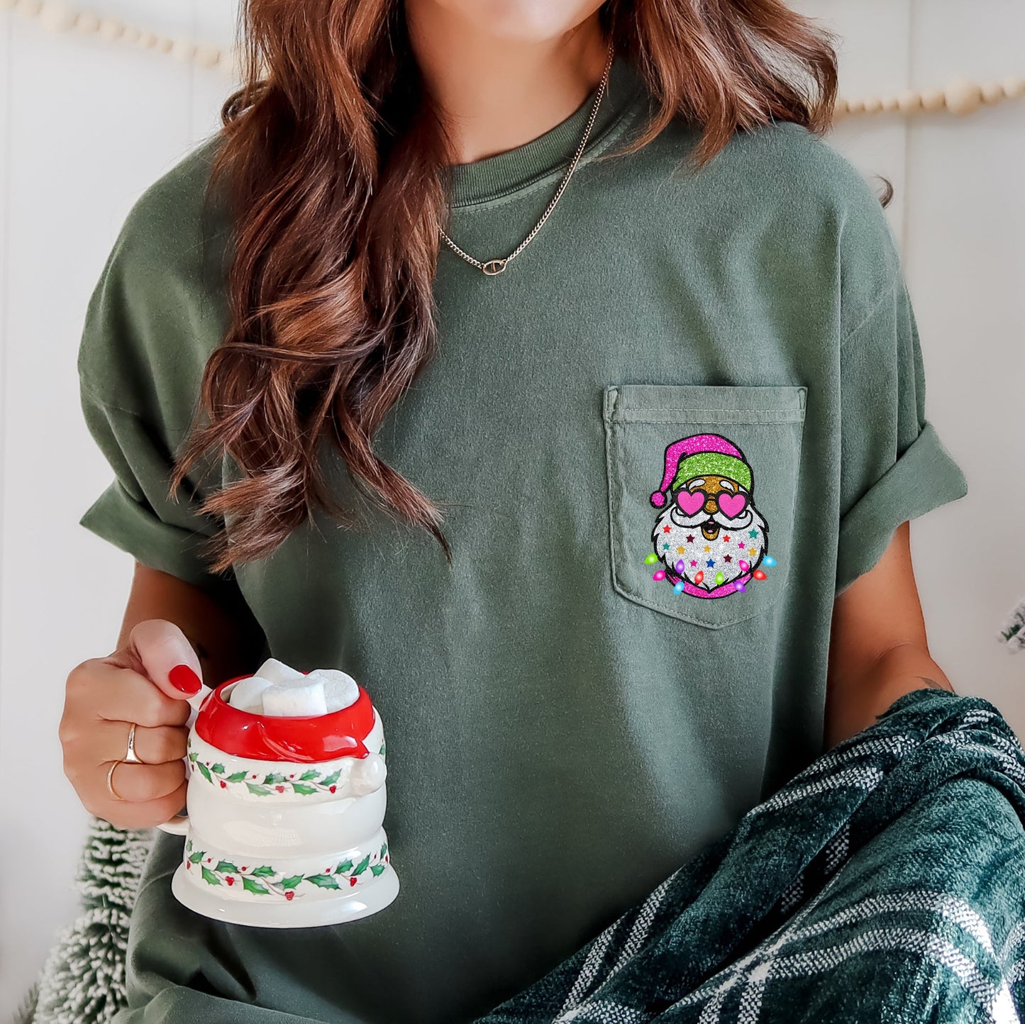 Retro Santa, Faux Glitter, Christmas Pocket Tee Comfort Colors T-Shirt