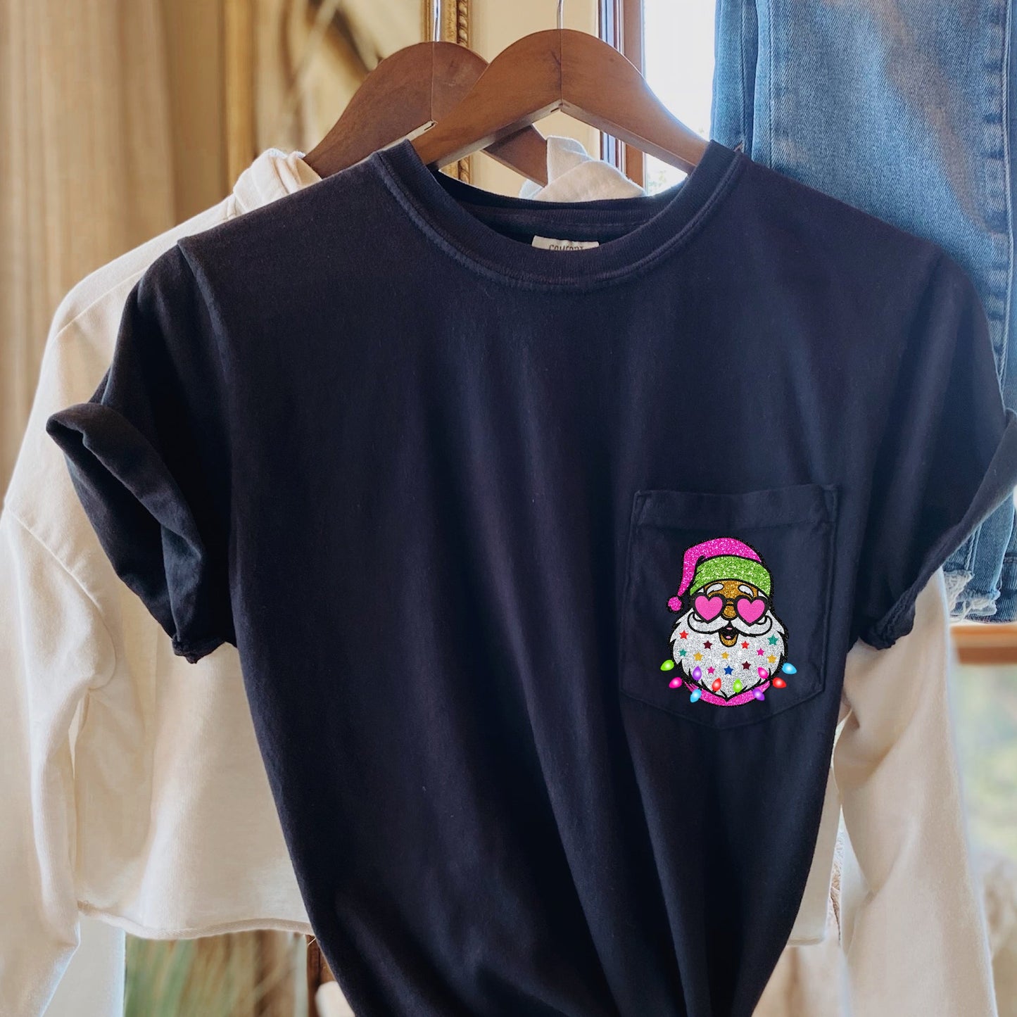 Retro Santa, Faux Glitter, Christmas Pocket Tee Comfort Colors T-Shirt