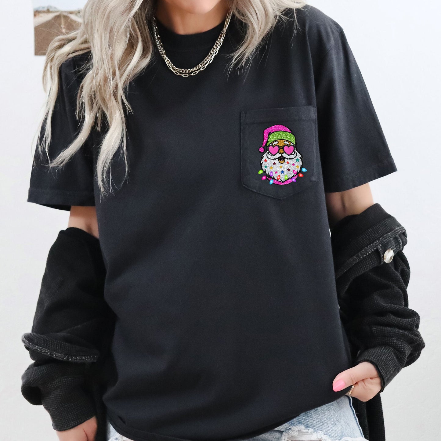 Retro Santa, Faux Glitter, Christmas Pocket Tee Comfort Colors T-Shirt