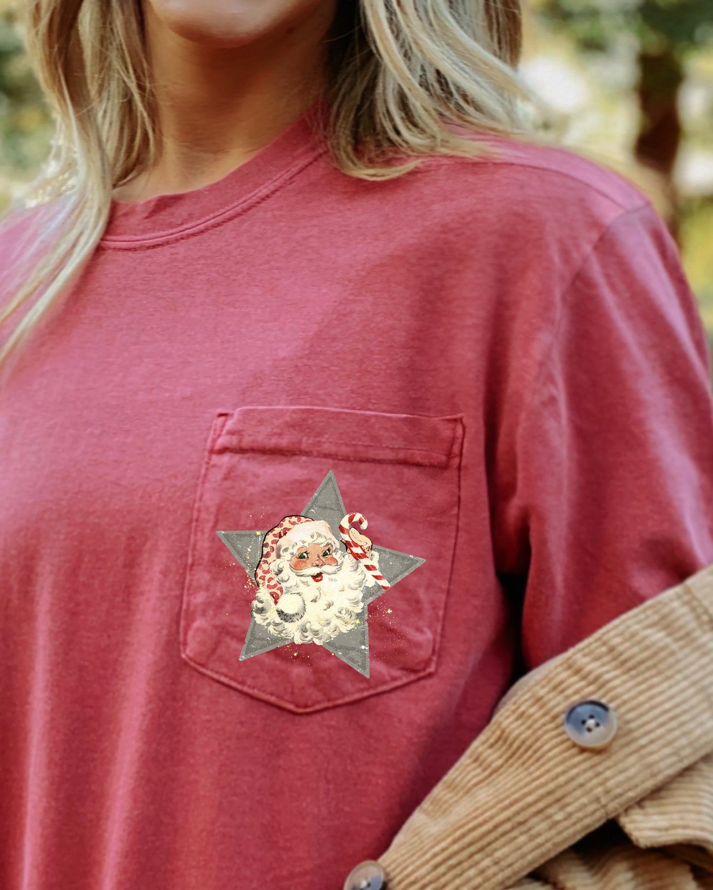 Retro Santa, Green Star, Pocket, Christmas, Snow, Winter, Xmas Pocket Tee Comfort Colors T-Shirt