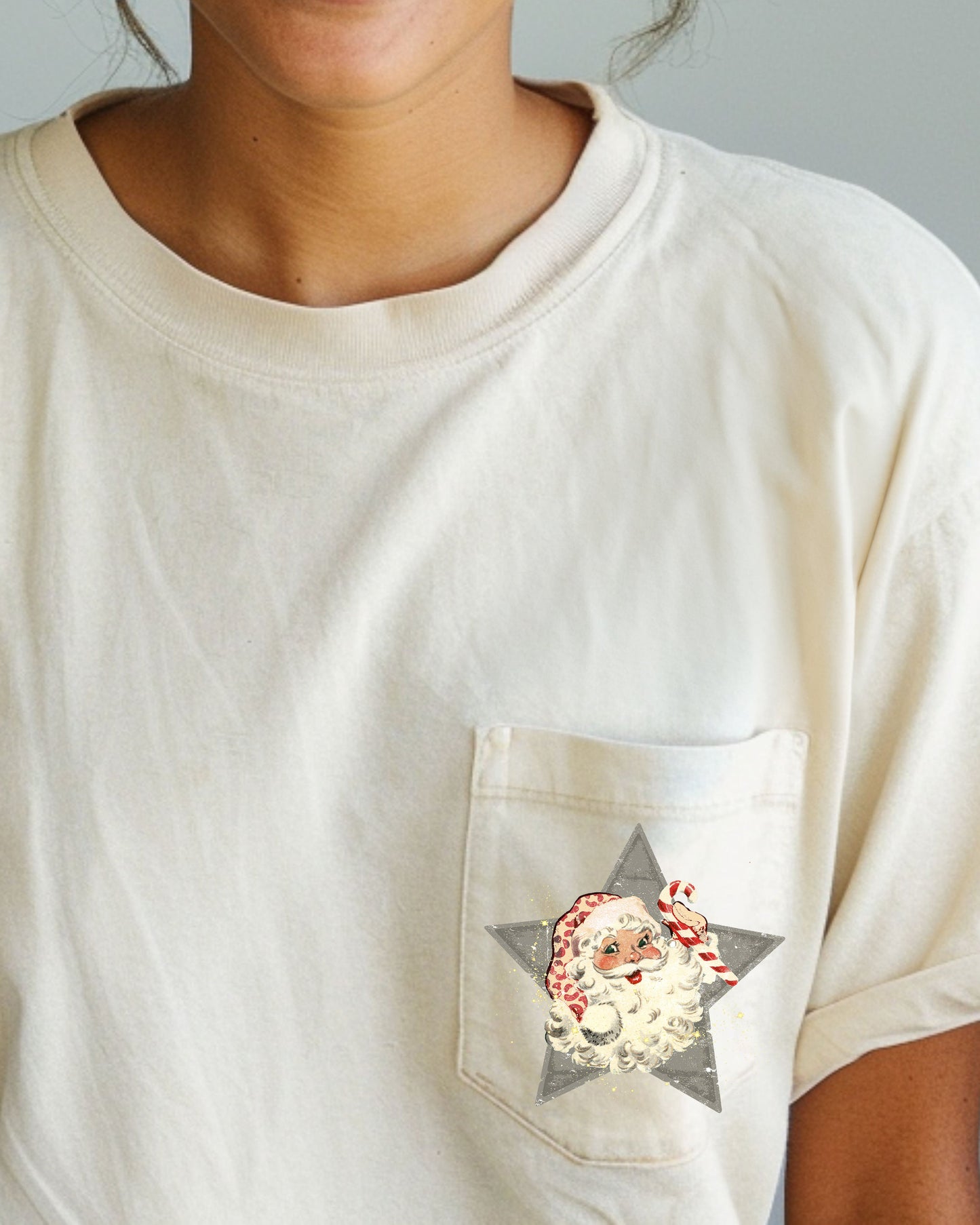 Retro Santa, Green Star, Pocket, Christmas, Snow, Winter, Xmas Pocket Tee Comfort Colors T-Shirt