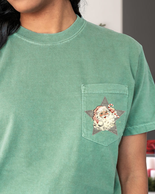 Retro Santa, Green Star, Pocket, Christmas, Snow, Winter, Xmas Pocket Tee Comfort Colors T-Shirt