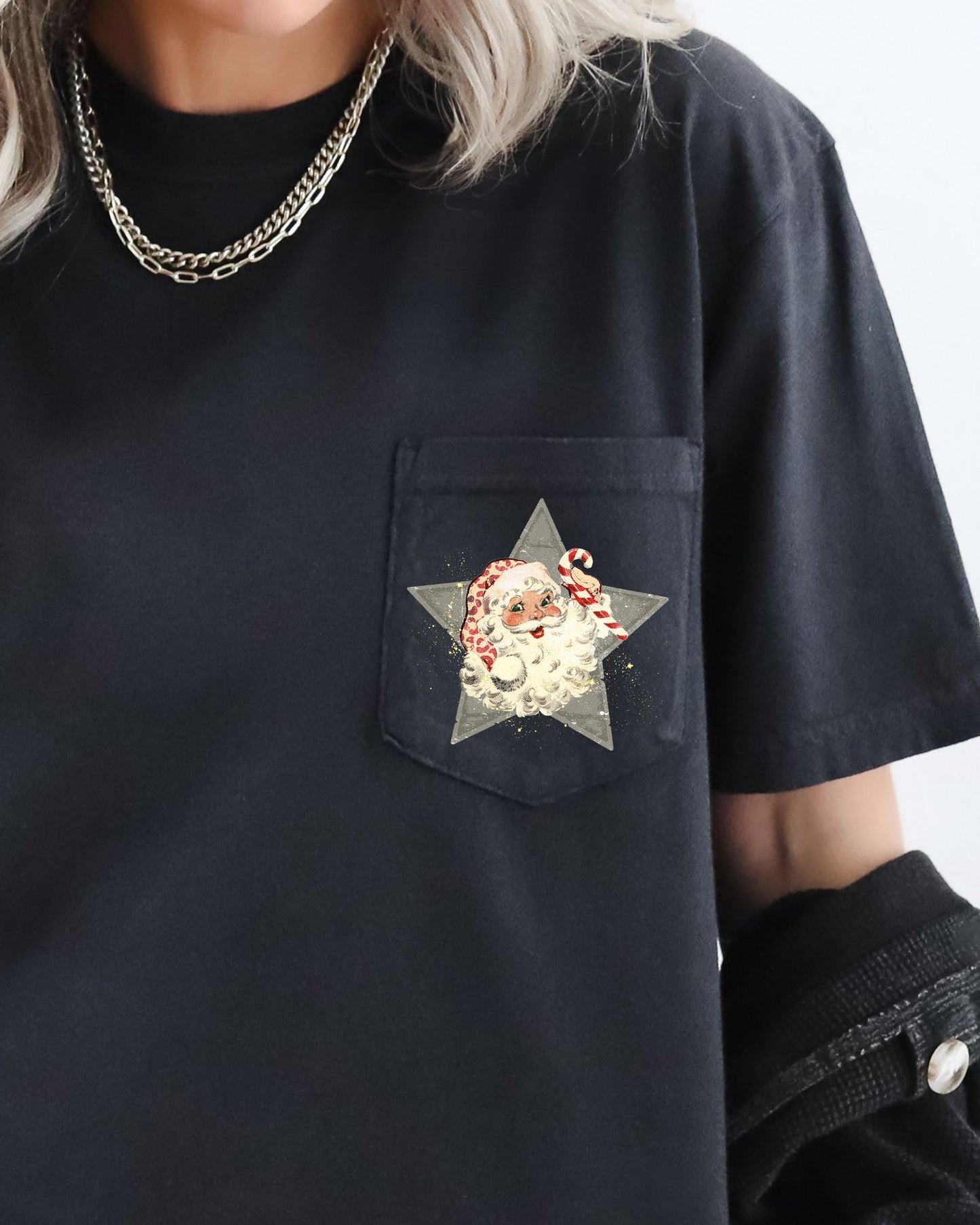 Retro Santa, Green Star, Pocket, Christmas, Snow, Winter, Xmas Pocket Tee Comfort Colors T-Shirt