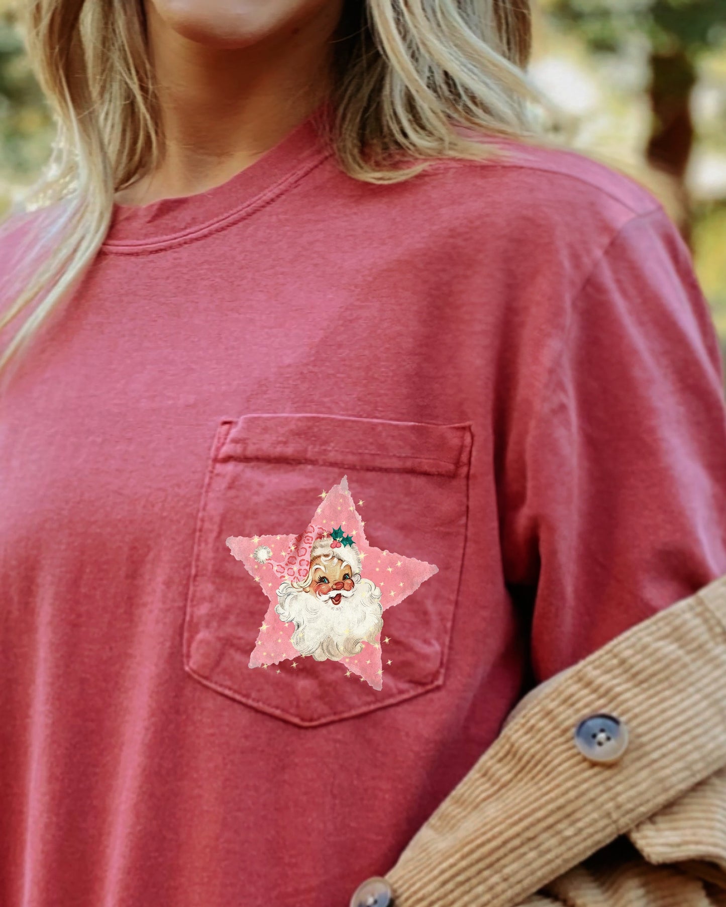 Retro Santa, Pink Star, Pocket, Christmas, Snow, Winter, Xmas Pocket Tee Comfort Colors T-Shirt