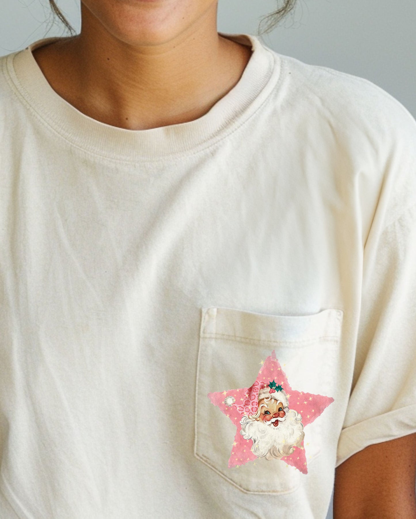 Retro Santa, Pink Star, Pocket, Christmas, Snow, Winter, Xmas Pocket Tee Comfort Colors T-Shirt